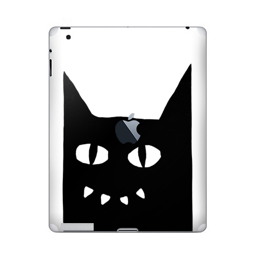 Наклейка на Планшет Apple iPad 4 Retina c яблоком Черный кот на белом.,  купить в Москве – интернет-магазин Allskins, черно-белое, животные, черный, черныйкот, улыбка, кошка, Глазищи