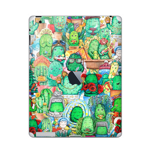 Наклейка на Планшет Apple iPad 4 Retina c яблоком Большая компания кактусов,  купить в Москве – интернет-магазин Allskins, кактусы, иллюстация, зеленый, колючий, персонажи, работа