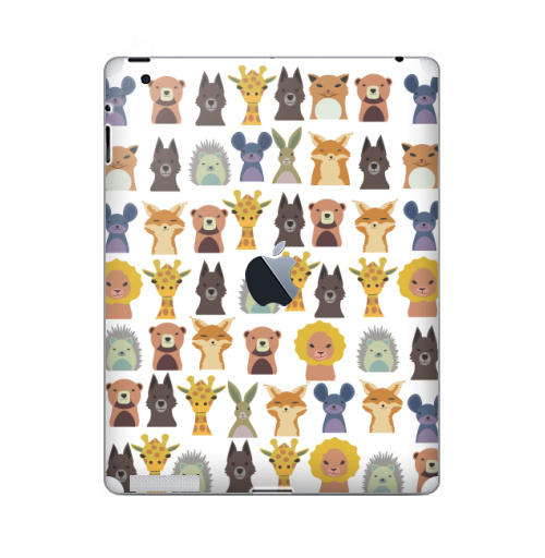 Наклейка на Планшет Apple iPad 4 Retina c яблоком Милый зверинец,  купить в Москве – интернет-магазин Allskins, зверинец, мило, ежик, собаки, зайчонок, медведь, заяц, лев, жираф, животные, скопление, много, головы, бюст, милые животные