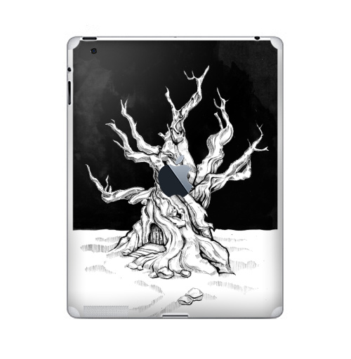 Наклейка на Планшет Apple iPad 4 Retina c яблоком Старое дерево с дверью и ветками черно-белое,  купить в Москве – интернет-магазин Allskins, лес, ветка, черно-белое, графика, гравюра, дверь, черный_фон