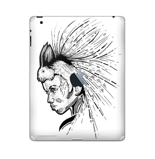 Наклейка на Планшет Apple iPad 4 Retina c яблоком Женщина с дикообразом на голове,  купить в Москве – интернет-магазин Allskins, девушка, афроамериканка, Дикобраз, животные, черно-белое, графика, гравюра, женщинакошка, глаз, иглу