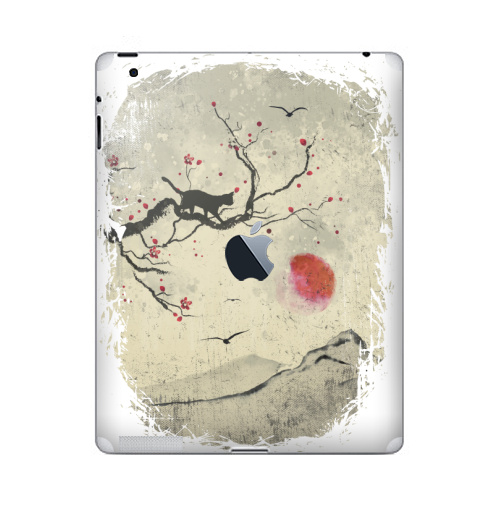 Наклейка на Планшет Apple iPad 4 Retina c яблоком Кошка и Сакура,  купить в Москве – интернет-магазин Allskins, философские, кошка, Япония, самурай, ниндзя, katana, луна, клан, черный, сакура, кот самурай, замок, птицы, минимализм