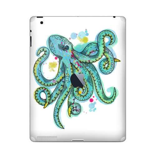 Наклейка на Планшет Apple iPad 4 Retina c яблоком Бирюзовый осьминог,  купить в Москве – интернет-магазин Allskins, классика, осьминог, бирюзовый, графика, щупальца, морская
