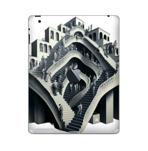 Наклейка на Планшет Apple iPad 4 Retina c яблоком Трэш Тор МАК Эшер оптическая иллюзия много лестниц люди идут кто куда,  купить в Москве – интернет-магазин Allskins, сюрреализм, оптическая, иллюзия, лестница, читатель, мусор
