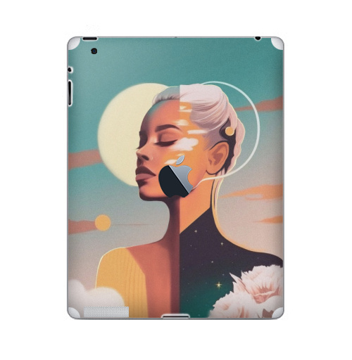 Наклейка на Планшет Apple iPad 4 Retina c яблоком Сияющая красота, девушка солнце,  купить в Москве – интернет-магазин Allskins, ретро, желтый, изумрудный, зеленый, берюзовый, облока, пейзаж, космос, цветы, солнце, девушка