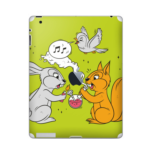 Наклейка на Планшет Apple iPad 4 Retina c яблоком Funny friends,  купить в Москве – интернет-магазин Allskins, заяц, белка, дружба, дым, кальян, ноты, птицы