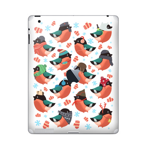 Наклейка на Планшет Apple iPad 4 Retina c яблоком Снегири,  купить в Москве – интернет-магазин Allskins, новый год, снегирь, шапка, снег, птицы, паттерн, зима, прикол