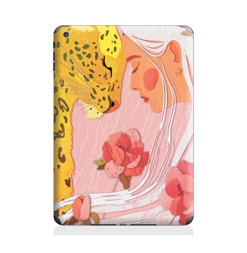 Наклейка на Планшет Apple iPad Air Девушка с леопардом,  купить в Москве – интернет-магазин Allskins, философские, нежно, авторскийрисунок, девушка, розовый, желтый, леопард, дикоеживотное, портреты, белокурая, блондинка, цветы