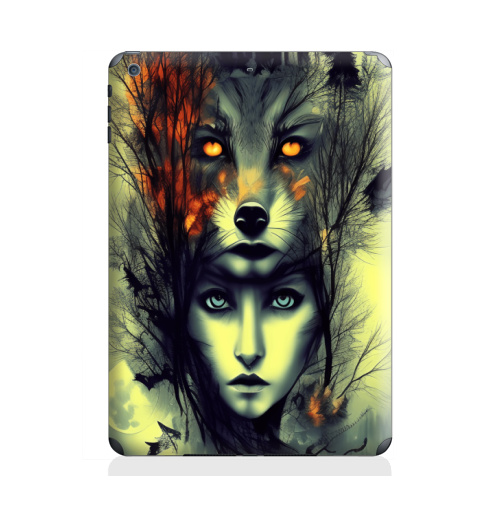 Наклейка на Планшет Apple iPad Air Ночные фантазии охотника.,  купить в Москве – интернет-магазин Allskins, сюрреализм, фэнтези, охота, девушка, волк, лесной, дикий, луна, огонь, читатель, психоделика, дизайнерский, модный, стильно, черный, желтый
