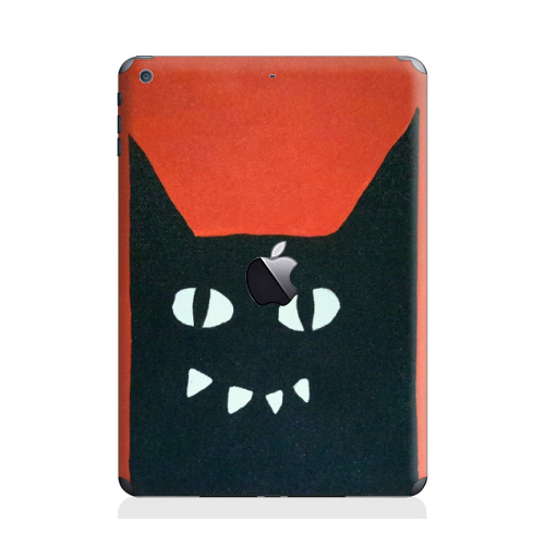 Наклейка на Планшет Apple iPad Air с яблоком Черный кот на красном.,  купить в Москве – интернет-магазин Allskins, кошка, животные, Красночерный, черный, черныйкот, красный, Глазищи, зубастый