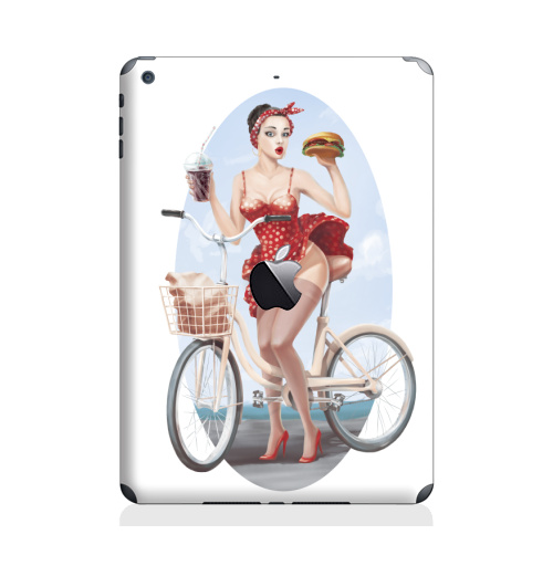 Наклейка на Планшет Apple iPad Air с яблоком Девушка кушает бургер на велосипеде,  купить в Москве – интернет-магазин Allskins, девушка, бургер, велосипед, гозировка, платье, пин ап, красный, губы, горошек, позитив, веселый, радость, еда