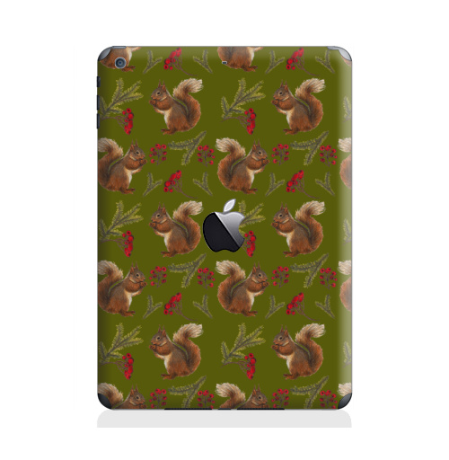 Наклейка на Планшет Apple iPad Air с яблоком Зимние белочки зеленый цвет,  купить в Москве – интернет-магазин Allskins, белка, белки, зима, лес, новый год, животные