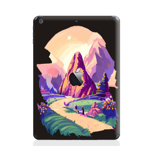 Наклейка на Планшет Apple iPad Air с яблоком Летний горный пейзаж,  купить в Москве – интернет-магазин Allskins, поп-арт, читатель, лето, путешествия, яркий, модный, стильно, молодежный, бежевый, зеленый, фиолетовый, природный, горы, хиппи
