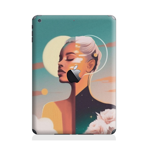 Наклейка на Планшет Apple iPad Air с яблоком Сияющая красота, девушка солнце,  купить в Москве – интернет-магазин Allskins, ретро, желтый, изумрудный, зеленый, берюзовый, облока, пейзаж, космос, цветы, солнце, девушка
