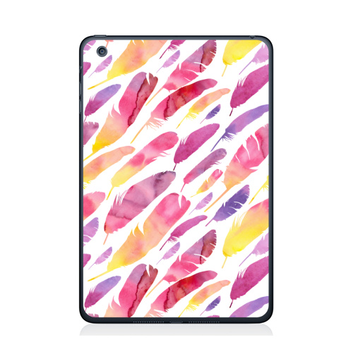 Наклейка на Планшет Apple iPad Mini 1/2/3 Акварельные перышки на белом фоне,  купить в Москве – интернет-магазин Allskins, перья, фиолетовый, сиреневый, лимонный, розовый, градиент, текстура, акварель