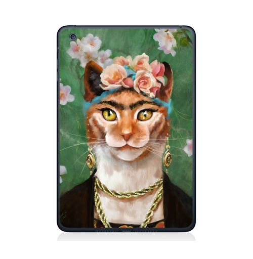 Наклейка на Планшет Apple iPad Mini 1/2/3 Фрида Кало моими глазами,  купить в Москве – интернет-магазин Allskins, фрида, кало, кошка, розы, масло, яркий, Мексика, зеленный