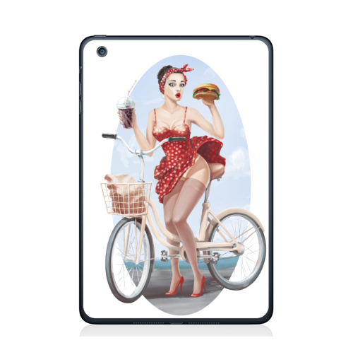 Наклейка на Планшет Apple iPad Mini 1/2/3 Девушка кушает бургер на велосипеде,  купить в Москве – интернет-магазин Allskins, девушка, бургер, велосипед, гозировка, платье, пин ап, красный, губы, горошек, позитив, веселый, радость, еда