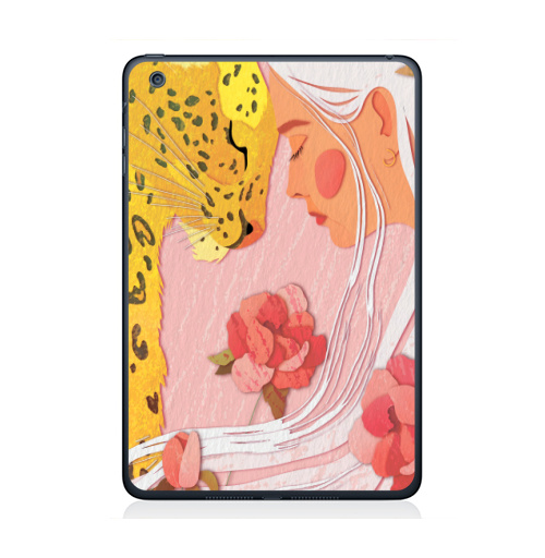 Наклейка на Планшет Apple iPad Mini 1/2/3 Девушка с леопардом,  купить в Москве – интернет-магазин Allskins, философские, нежно, авторскийрисунок, девушка, розовый, желтый, леопард, дикоеживотное, портреты, белокурая, блондинка, цветы