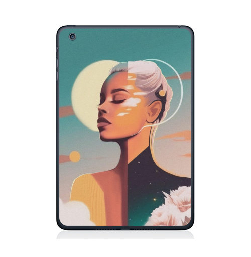 Наклейка на Планшет Apple iPad Mini 1/2/3 Сияющая красота, девушка солнце,  купить в Москве – интернет-магазин Allskins, ретро, желтый, изумрудный, зеленый, берюзовый, облока, пейзаж, космос, цветы, солнце, девушка