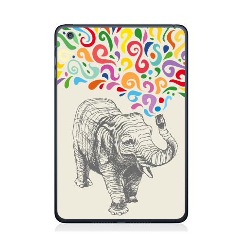 Наклейка на Планшет Apple iPad Mini 1/2/3 Слон,  купить в Москве – интернет-магазин Allskins, 300 Лучших работ, животные, графика, брызги, слоны, разноцветное, фонтан