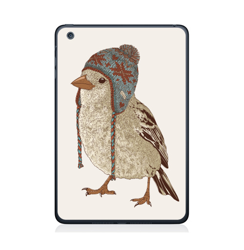 Наклейка на Планшет Apple iPad Mini 1/2/3 Птица в шапке,  купить в Москве – интернет-магазин Allskins, 300 Лучших работ, пипстер, шапка, птицы, зима, новый год, коричневый, крутые животные