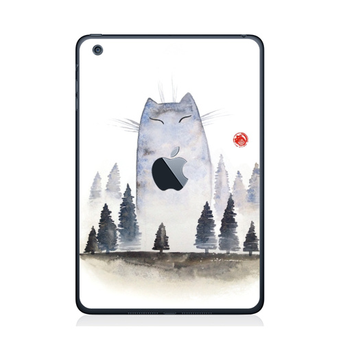 Наклейка на Планшет Apple iPad Mini 1/2/3  с яблоком Кот туманный,  купить в Москве – интернет-магазин Allskins, акварель, туман, лес, кошка