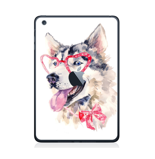 Наклейка на Планшет Apple iPad Mini 1/2/3  с яблоком Модная собака,  купить в Москве – интернет-магазин Allskins, крутые животные, милые животные, мило, хаски, розовый, очки, акварель, собаки, детские