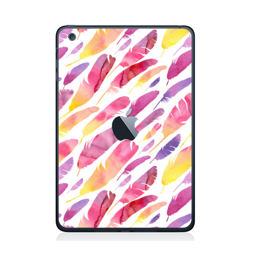 Наклейка на Планшет Apple iPad Mini 1/2/3  с яблоком Акварельные перышки на белом фоне,  купить в Москве – интернет-магазин Allskins, перья, фиолетовый, сиреневый, лимонный, розовый, градиент, текстура, акварель