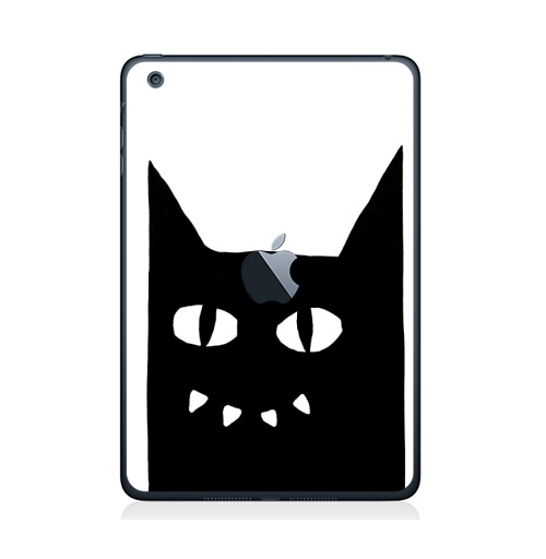 Наклейка на Планшет Apple iPad Mini 1/2/3  с яблоком Черный кот на белом.,  купить в Москве – интернет-магазин Allskins, черно-белое, животные, черный, черныйкот, улыбка, кошка, Глазищи