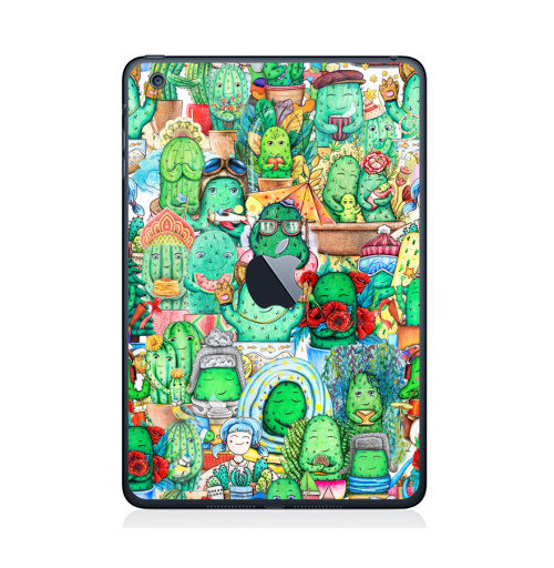 Наклейка на Планшет Apple iPad Mini 1/2/3  с яблоком Большая компания кактусов,  купить в Москве – интернет-магазин Allskins, кактусы, иллюстация, зеленый, колючий, персонажи, работа