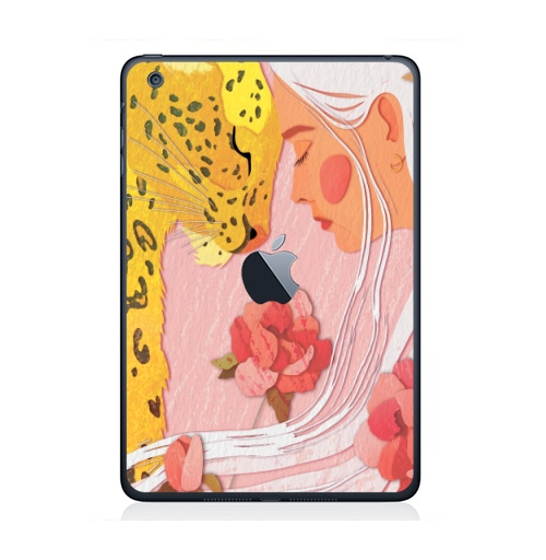 Наклейка на Планшет Apple iPad Mini 1/2/3  с яблоком Девушка с леопардом,  купить в Москве – интернет-магазин Allskins, философские, нежно, авторскийрисунок, девушка, розовый, желтый, леопард, дикоеживотное, портреты, белокурая, блондинка, цветы