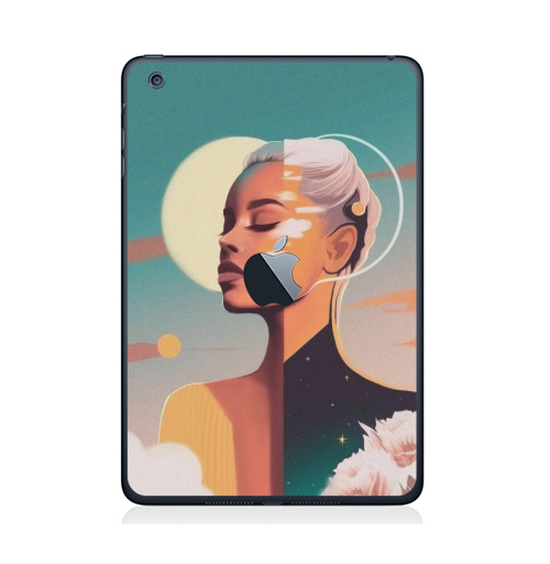 Наклейка на Планшет Apple iPad Mini 1/2/3  с яблоком Сияющая красота, девушка солнце,  купить в Москве – интернет-магазин Allskins, ретро, желтый, изумрудный, зеленый, берюзовый, облока, пейзаж, космос, цветы, солнце, девушка