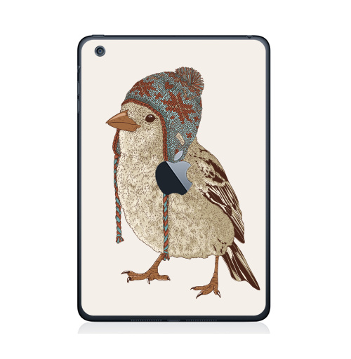 Наклейка на Планшет Apple iPad Mini 1/2/3  с яблоком Птица в шапке,  купить в Москве – интернет-магазин Allskins, 300 Лучших работ, пипстер, шапка, птицы, зима, новый год, коричневый, крутые животные