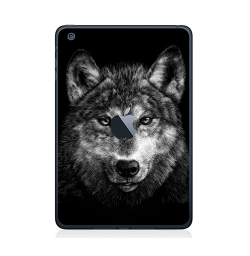 Наклейка на Планшет Apple iPad Mini 1/2/3  с яблоком Волчище,  купить в Москве – интернет-магазин Allskins, морда, животные, волк, полностьючерный, 300 Лучших работ