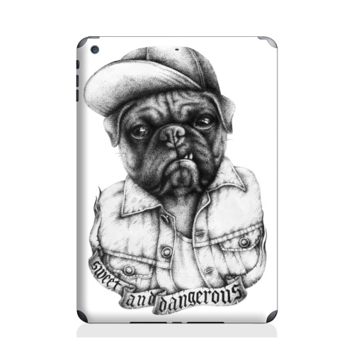 Наклейка на Планшет Apple iPad Air 2 Опасный мопс,  купить в Москве – интернет-магазин Allskins, крутые животные, черное и белое, Мопс, собаки, мило, кепка, дерзкий, татуировки, оскал, черно-белое, хулиган
