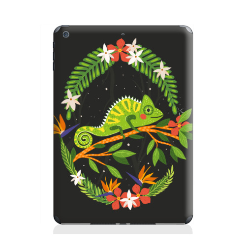 Наклейка на Планшет Apple iPad Air 2 Тропический хамелеон,  купить в Москве – интернет-магазин Allskins, тропики, отпуск, лето, рептилия, хамелеон, цветы, листья, пальма, зеленый, ветви