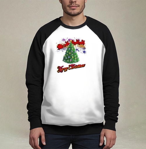 Фотография футболки Яркая новогодняя елка с оленями и Merry Christmas надписью
