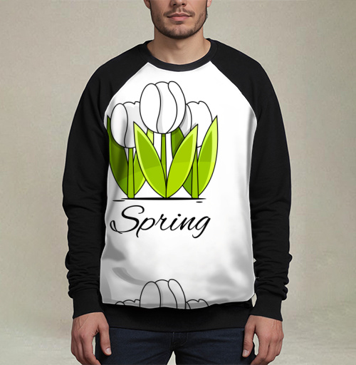 Фотография футболки Белые тюльпаны и зелёные листья весна надпись Spring
