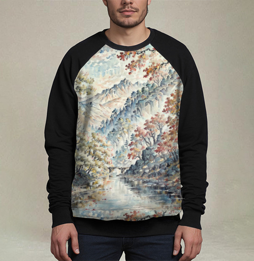 Фотография футболки Осенние деревья возле реки винтажный рисунок