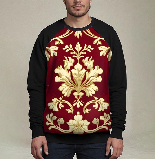 Фотография футболки Золотой дамасский узор на темном бордовом фоне Golden damask pattern