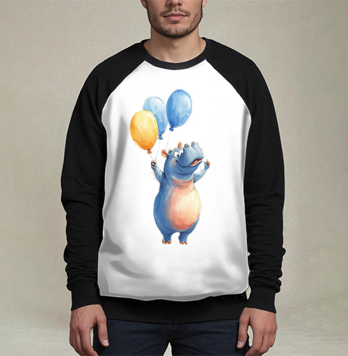 Фотография футболки Watercolor Blue Hippo with Balloons / Акварельный бегемот с шариками