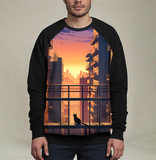 Фотография футболки Silhouette Cat Watching City Sunset Силуэт кота смотрящего на закат города