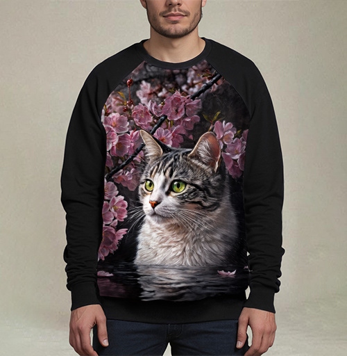 Фотография футболки Cat in sakura – Полосатый кот среди розовых лепестков Кот сакура вишня