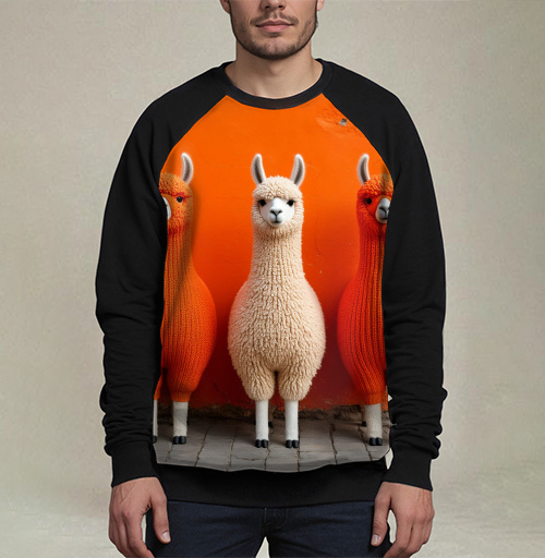 Фотография футболки Llamas in orange sweaters / Ламы в ярких свитерах у оранжевой стены