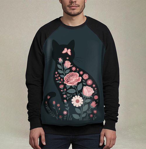 Фотография футболки Изящный грациозный силуэт черного кота в розах Floral cat rose