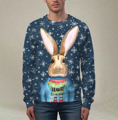 Фотография футболки Кролик в праздничном свитере с эльфом #ELFIE