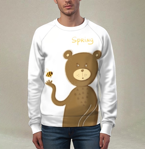Фотография футболки Весенний медведь с пчелой и надписью весна на фоне