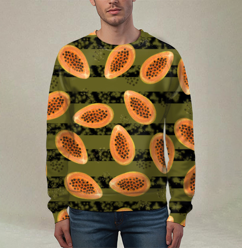 Фотография футболки Яркие плоды папайи на полосатом фоне горчичного цвета