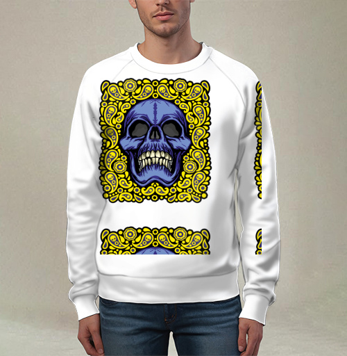 Фотография футболки Синий череп в жёлтых узорах для черепа