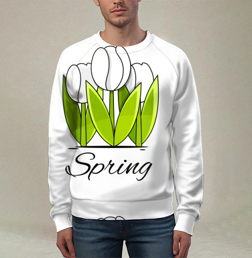 Фотография футболки Белые тюльпаны и зелёные листья весна надпись Spring